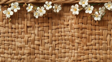 Canvas Print - Woven wicker texture background in warm beige featuring delicate artificial mini white flowers on top with empty space for text and design elements