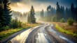 © sasiprapa - Serene morning mist shrouds a winding gravel road through a lush evergreen forest, bathed in the golden light of sunrise.