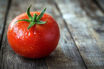 A single ripe tomato sits on a rustic wooden surface glistening with water droplets