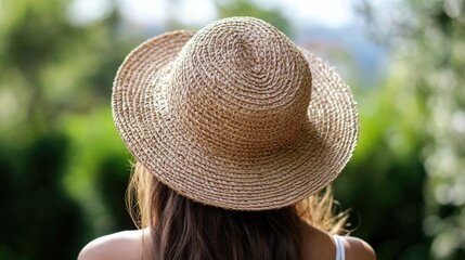 Wall Mural - Beautiful young woman with long hair wearing a straw hat, captured in soft natural sunlight against a lush green background.