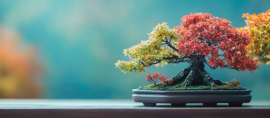 Poster - vibrant bonsai tree with colorful leaves on wooden surface against soft mint background ideal for co