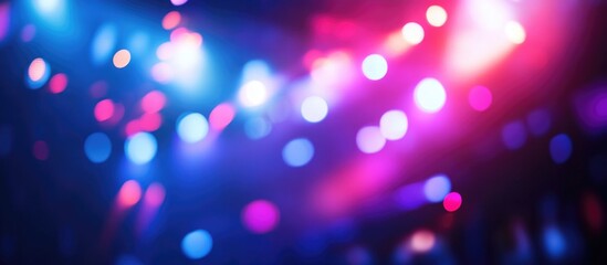 Poster - Vibrant and Blurry Stylish Club Stage Backdrop with Purple and Blue Lights Creating Dynamic Nightlife Atmosphere for Event Promotion