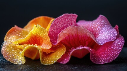 Poster - Vibrant close-up of gloxinia petals in orange, yellow, and pink with water droplets on a dark background, featuring blank space for text.