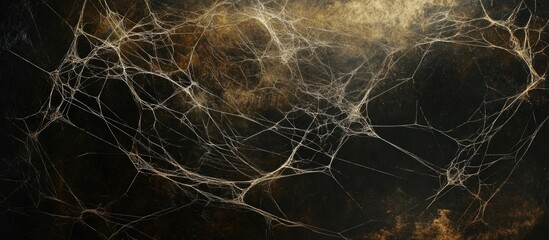 Poster - close-up of delicate gossamer spiderweb against a dark background illuminated by soft natural light 