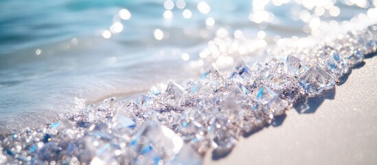 Poster - close-up of sparkling crystals on white sand beach with tranquil turquoise waves and empty copy spac