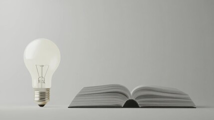 Poster - illuminated light bulb and opened book on soft gray background symbolizing knowledge and creativity 