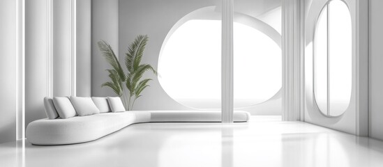 Poster - stylish modern gray and white living room interior featuring curved white sofa and lush green plant 