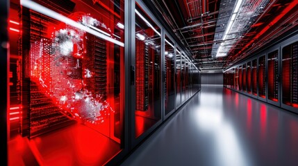 Poster - Futuristic Red Lit Data Center Server Room with Rows of Computer Hardware Equipment