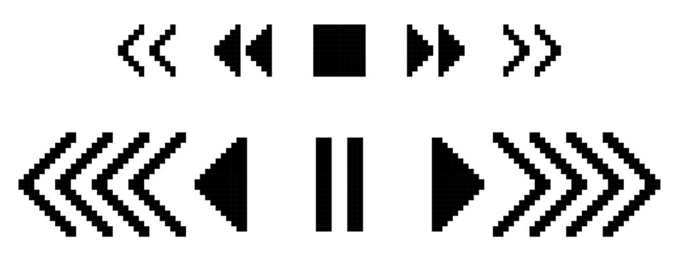 8 bit pixel art navigation icons vector set. Black arrow, play, pause, stop, media player pictogram  isolated on transparent background