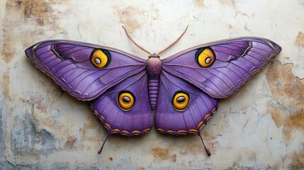 Poster - Vibrant purple butterfly with striking yellow eyes displayed against a textured beige background, showcasing intricate wing patterns and details.