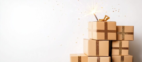 Poster - stacked cardboard boxes with brown ribbon adorned with a spark on white background providing ample e