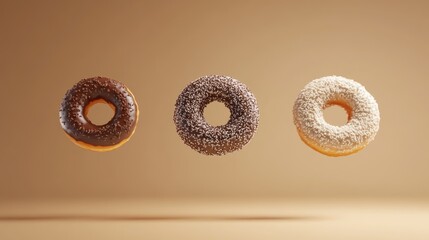 Aufkleber - three floating donuts in brown, white, and gray on a neutral beige background with ample copyspace f