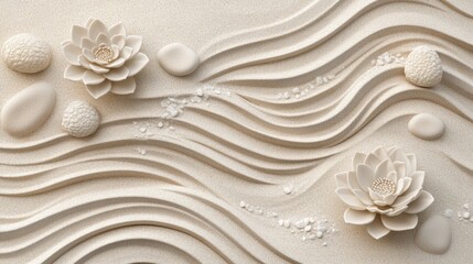 Poster - tranquil zen garden with flowing sand patterns, white lotus flowers, smooth pebbles, and minimalist 
