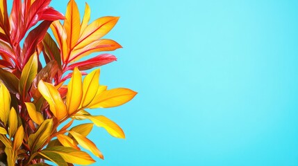 Poster - Vibrant tropical palm tree leaves in vivid yellow and red hues against a bright blue sky providing ample copyspace for text and design elements