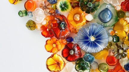 Poster - Colorful Assortment of Glass Flowers on White Background with Bright Hues of Red, Yellow, Blue, and Green for Decorative Purposes
