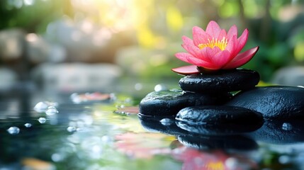 Poster - Serene Wellness Scene with Pink Lotus Flower on Black Stones in Tranquil Water and Gentle Sunlight, Nature-Inspired Spa Setting