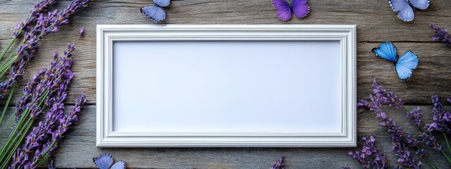 Wall Mural - White rectangular empty picture frame on rustic wooden table with purple lavender flowers and blue butterflies surrounding copy space for text