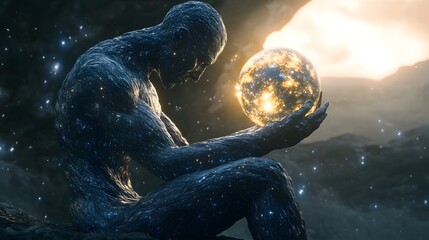 Poster - Cosmic Figure Holding Shimmering Orb of Stars in Mystical Setting