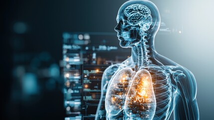 Poster - transparent body x ray hologram scan with glowing lung organs
