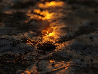 Aufkleber - New Plant Sprout Emerging from Soil During Golden Hour Light