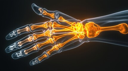 Poster - glowing skeletal x ray hand anatomy scan in digital medical technology