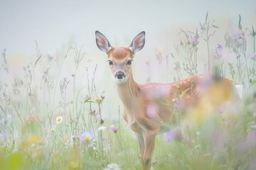 Fawn in the Meadow A young deer standing in a meadow surrounded by wildflowers