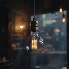 Poster - hanging vintage lightbulb with warm glow in dark cozy setting symbolizing innovative ideas and creat