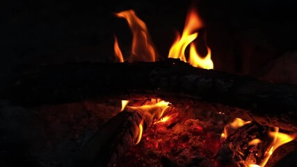 Poster - Flames flicker and crackle as they consume wooden logs, providing warmth and ambiance on a chilly night