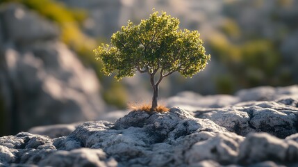 Aufkleber - Lone Tree Growing on Rocky Terrain Surrounded by Natural Landscape