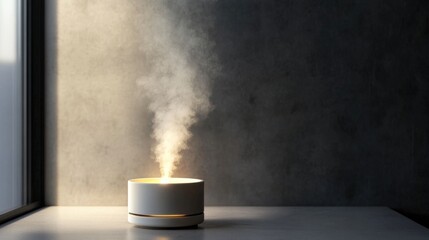 Sticker - Porcelain Aroma Lamp Emitting Gentle Steam in Bright Minimalist Interior with Soft Gray Walls and Tranquil Ambiance