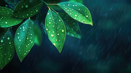 Poster - Lush Green Tropical Leaves with Raindrops and Dark Blue Background Ideal for Text Overlay and Copyspace in Nature Theme
