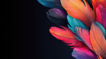 Poster - Colorful vibrant feathers in shades of blue, pink, and orange gracefully fluttering against a dark background with ample empty space for text.