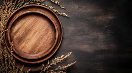 Canvas Print - Warm wooden plates arranged on a rustic kitchen table with dried grass and ample empty space for text in a cozy atmosphere