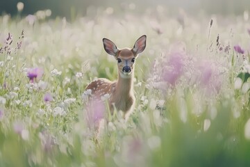 Fawn in the Meadow A young deer standing in a meadow surrounded by wildflowers