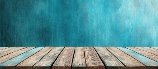 Sticker - Aquamarine Abstract Light Background with Textured Wood Plank Flooring in Bright Room Setting Featuring Empty Copy Space for Text