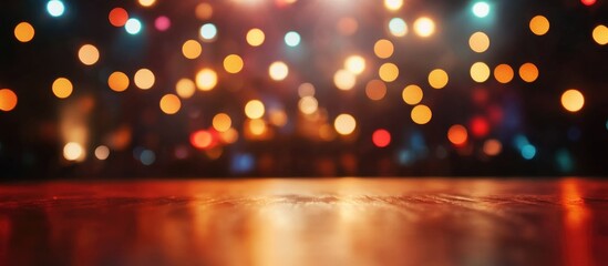 Poster - Stylish club stage backdrop in vibrant bokeh lights creating a dynamic nightlife atmosphere with warm tones and ample copyspace for text.