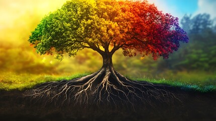 Aufkleber - Vibrant Colorful Tree with Deep Roots in a Lush Landscape