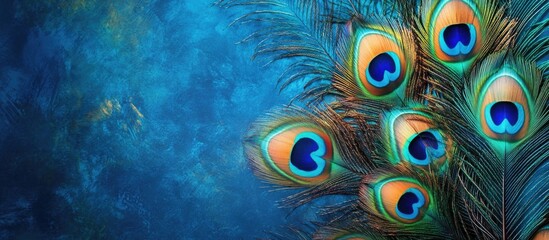 Poster - Vibrant Multicolored Peacock Feathers on Rich Blue Background with Copyspace for Text Ideal for Nature and Design Themes