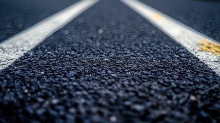 Poster - close up view of black asphalt surface with yellow and white road markings and empty copy space for 