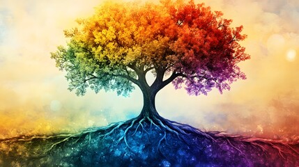 Aufkleber - Vibrant Tree with Colorful Leaves and Roots Abstract Artwork