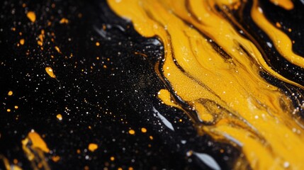 Poster - Abstract close up of yellow and brown coffee swirls on a sleek black background with ample copy space for creative banner design