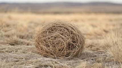 Poster - Detailed close-up of a brown tumbleweed resting in a dry golden field with blurred background and ample space for text overlay
