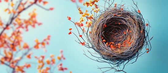 Poster - Vibrant Autumnal Nest with Colorful Leaves Set Against Soft Blue Background Ideal for Copy Space in Nature Conceptual Photography