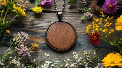 Poster - wooden pendant necklace resting on rustic wooden surface surrounded by vibrant wildflowers and green
