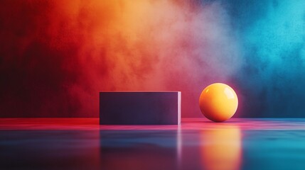 Poster - Empty display platform and sphere glowing under neon lights and smoke