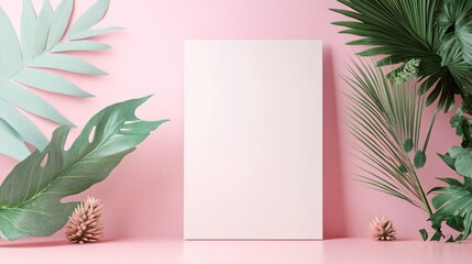 Poster - White canvas standing between tropical plants on pink background