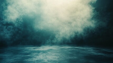 Poster - Empty concrete floor with mysterious green fog and light beam creating dramatic atmosphere