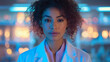 © HavingFunShop - A charismatic female scientist with curly hair tied back, wearing a white lab coat over a pastel blouse