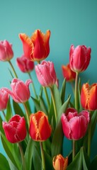 Wall Mural - A stunning arrangement of tulips in various shades of pink and red bursts with life, set against a refreshing teal backdrop. The delicate petals, adorned with fringed edges, create a captivating