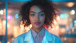 © HavingFunShop - A charismatic female scientist with curly hair tied back, wearing a white lab coat over a pastel blouse